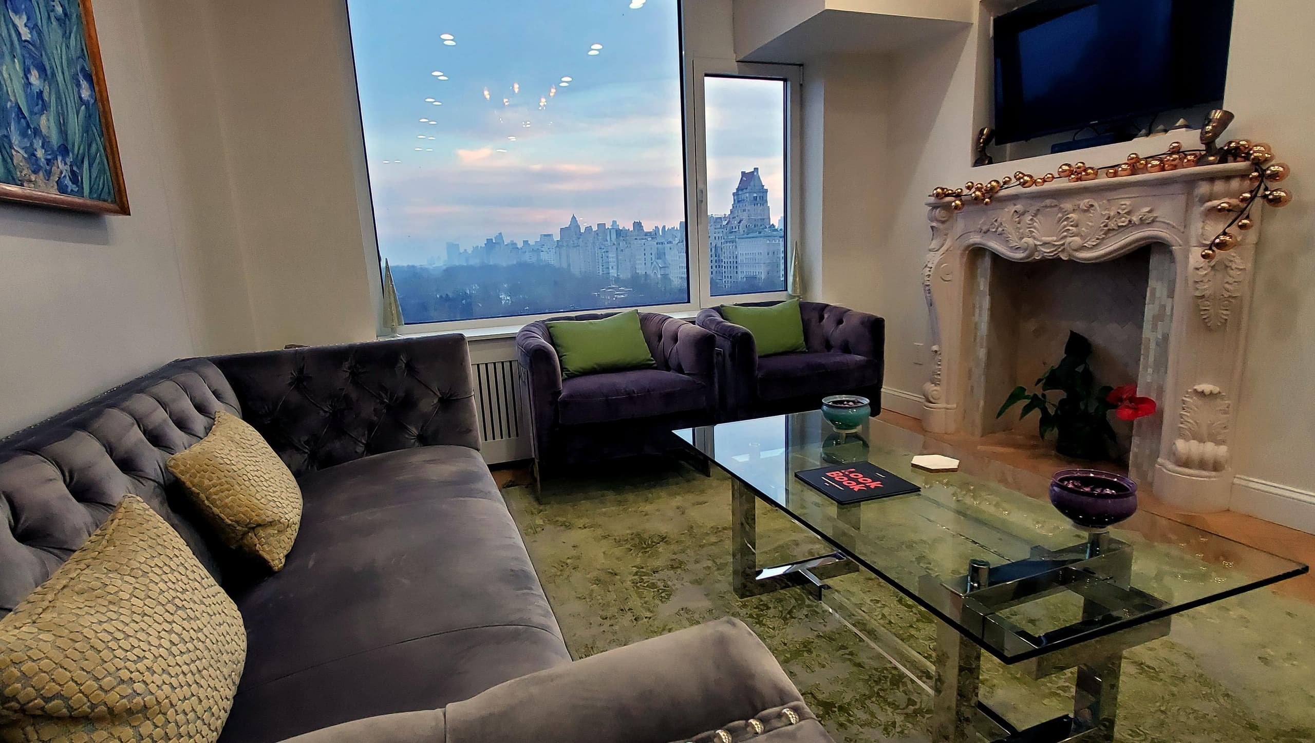 The waiting room at Hudson Face & Eye, looking out over Central Park South, New York